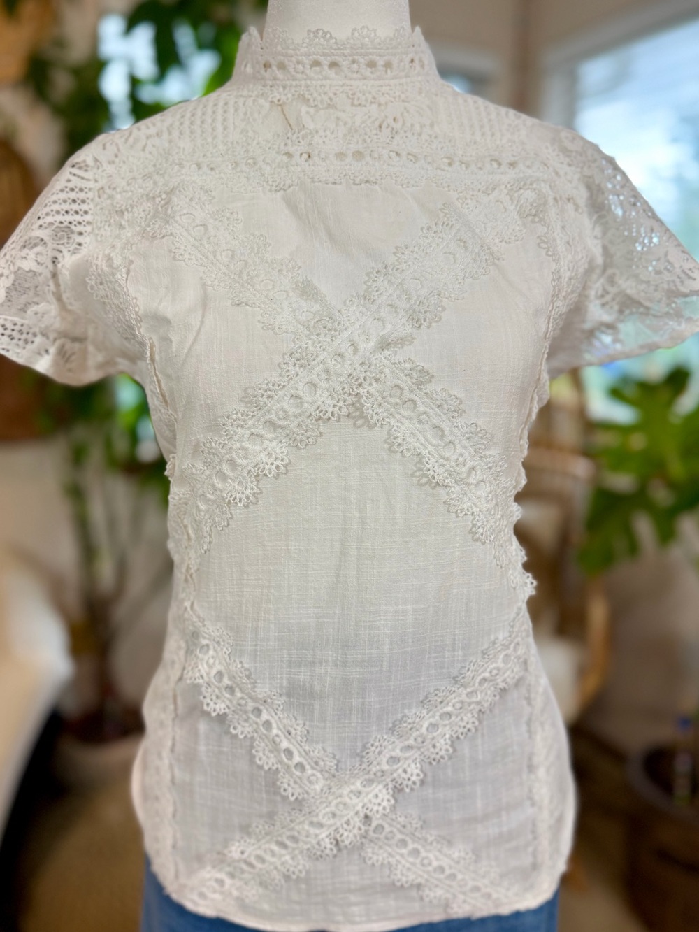 White Cotton Lace Blouse Boho Romantic Cottagecore Victorian Dainty Top M - Picture 2 of 9